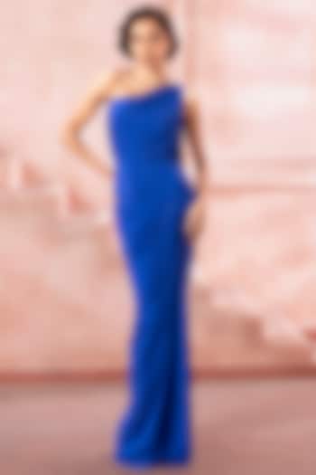 Royal Blue Lycra One-Shoulder Draped Engagement Gown by Neeta Lulla at Pernia's Pop Up Shop