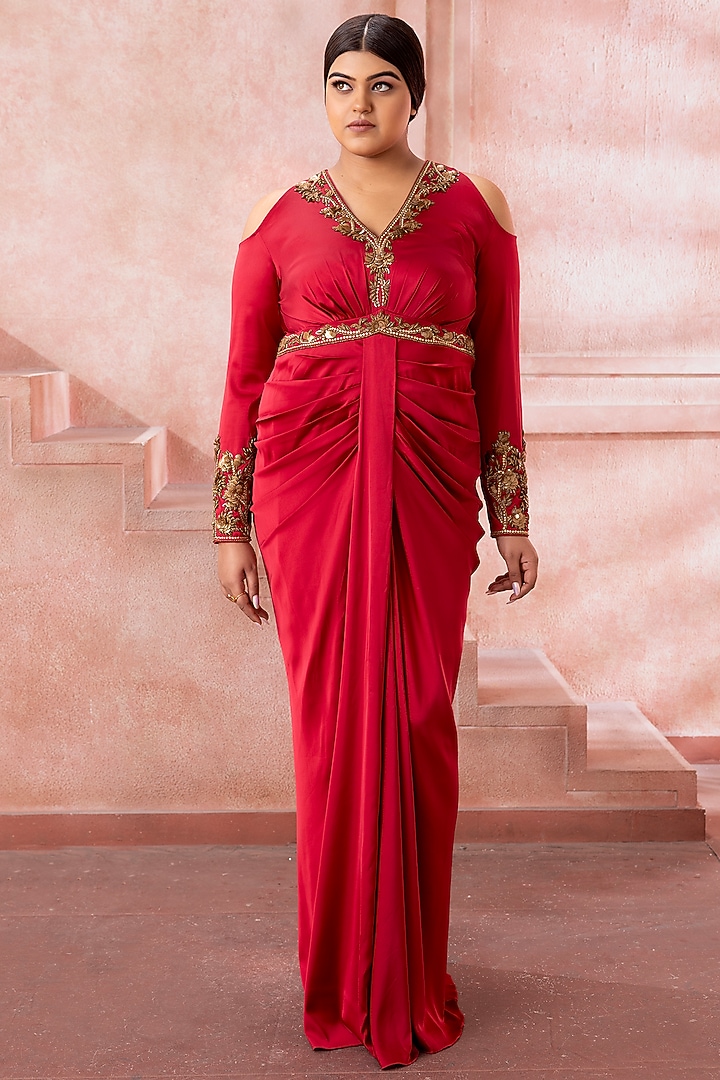 Rose Pink Satin Stone & Sequins Hand Embroidered Draped Engagement Gown by Neeta Lulla at Pernia's Pop Up Shop