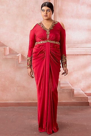 Rose Pink Satin Stone & Sequins Hand Embroidered Draped Gown by Neeta Lulla