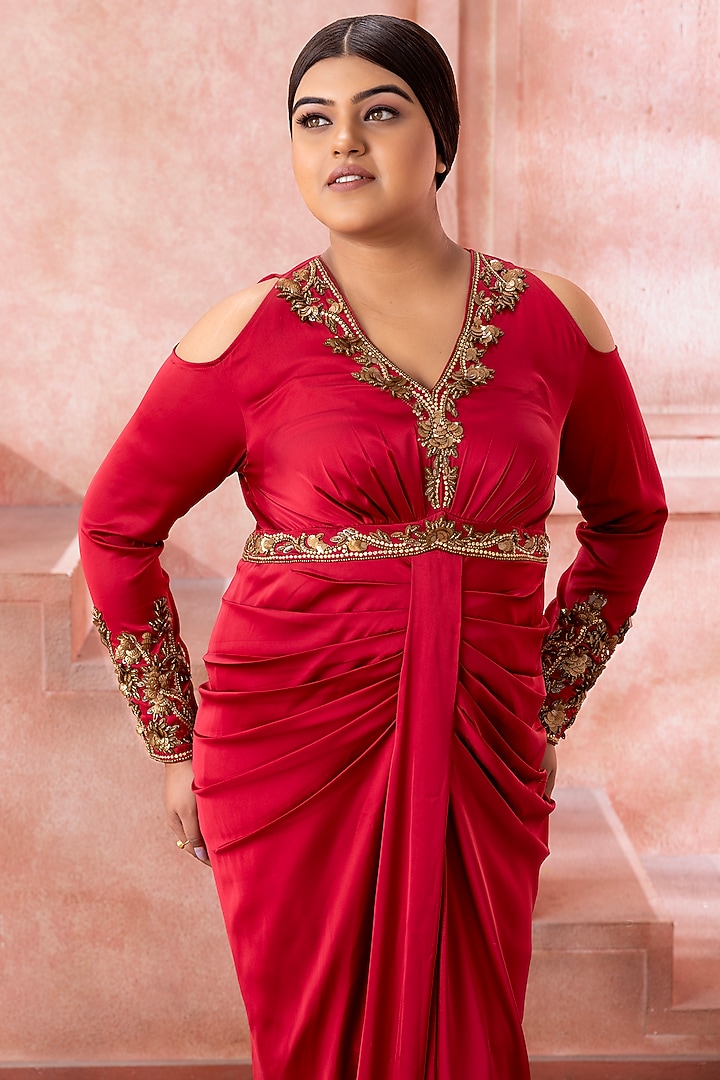 Rose Pink Satin Stone & Sequins Hand Embroidered Draped Engagement Gown by Neeta Lulla at Pernia's Pop Up Shop