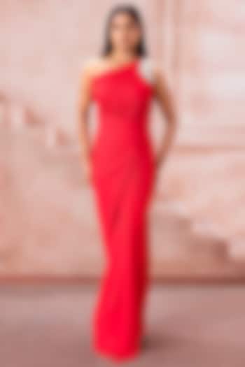 Coral Red Lycra One-Shoulder Draped Engagement Gown by Neeta Lulla at Pernia's Pop Up Shop