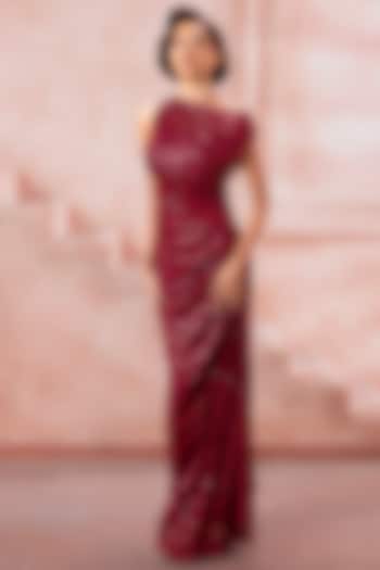 Deep Wine Lycra Sequins Embroidered Draped Engagement Gown by Neeta Lulla at Pernia's Pop Up Shop