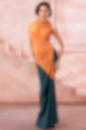 Burnt Orange & Teal Blue Satin Lycra Draped Cowl Party Wear Gown by Neeta Lulla at Pernia's Pop Up Shop