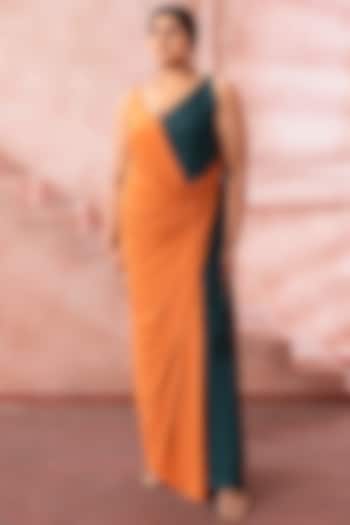 Burnt Orange & Teal Blue Satin Lycra Draped Party Wear Gown by Neeta Lulla at Pernia's Pop Up Shop