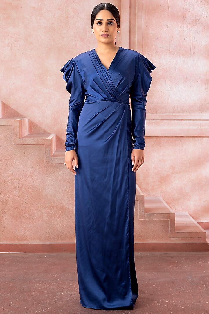 Royal Blue Satin Structured Draped Engagement Gown by Neeta Lulla at Pernia's Pop Up Shop