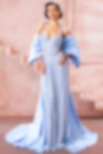 Powder Blue Tulle Sequins Hand Embroidered Corset Wedding Gown With Cape by Neeta Lulla at Pernia's Pop Up Shop