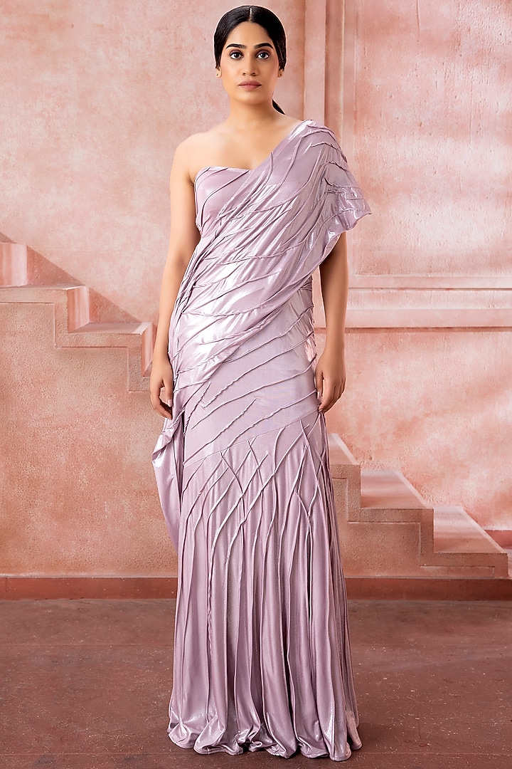 Silver Shimmer Lycra Pleated Draped Engagement Gown by Neeta Lulla at Pernia's Pop Up Shop