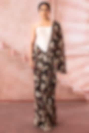 Black Chiffon Floral Printed Draped Wedding Gown Saree by Neeta Lulla at Pernia's Pop Up Shop