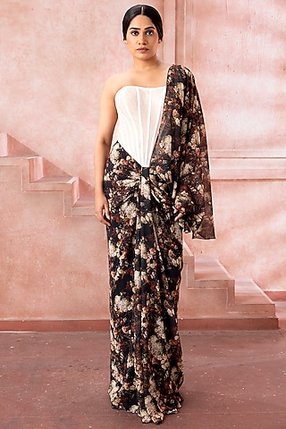 Black Chiffon Floral Printed Draped Gown Saree by Neeta Lulla