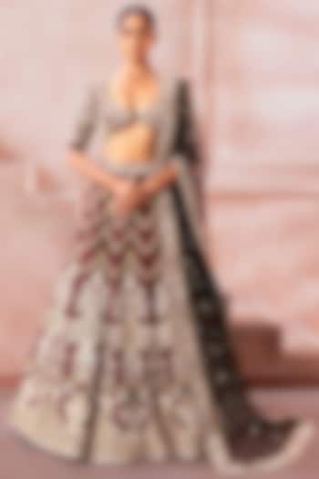 Deep Cocoa Maroon Raw Silk Zari Embroidered Bridal Lehenga Set by Neeta Lulla at Pernia's Pop Up Shop