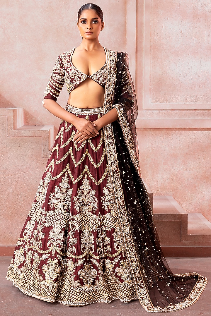Deep Cocoa Maroon Raw Silk Zari Embroidered Bridal Lehenga Set by Neeta Lulla at Pernia's Pop Up Shop