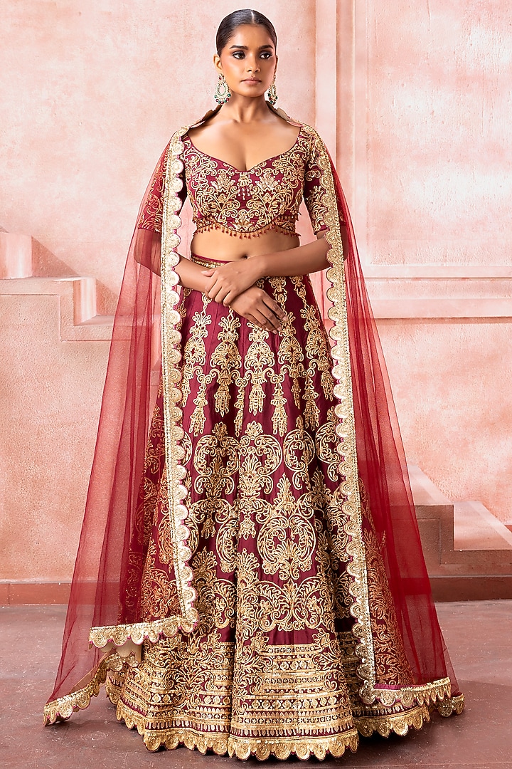 Regal Maroon Silk Zardosi Embroidered Bridal Lehenga Set by Neeta Lulla at Pernia's Pop Up Shop