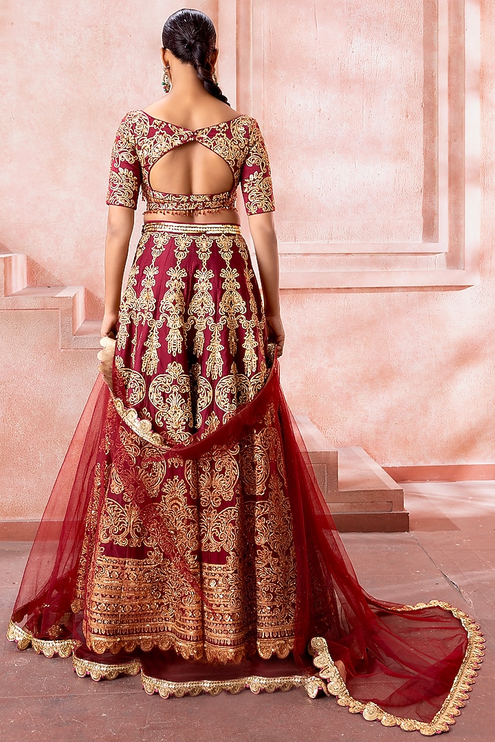 Regal Maroon Silk Zardosi Embroidered Bridal Lehenga Set by Neeta Lulla at Pernia's Pop Up Shop