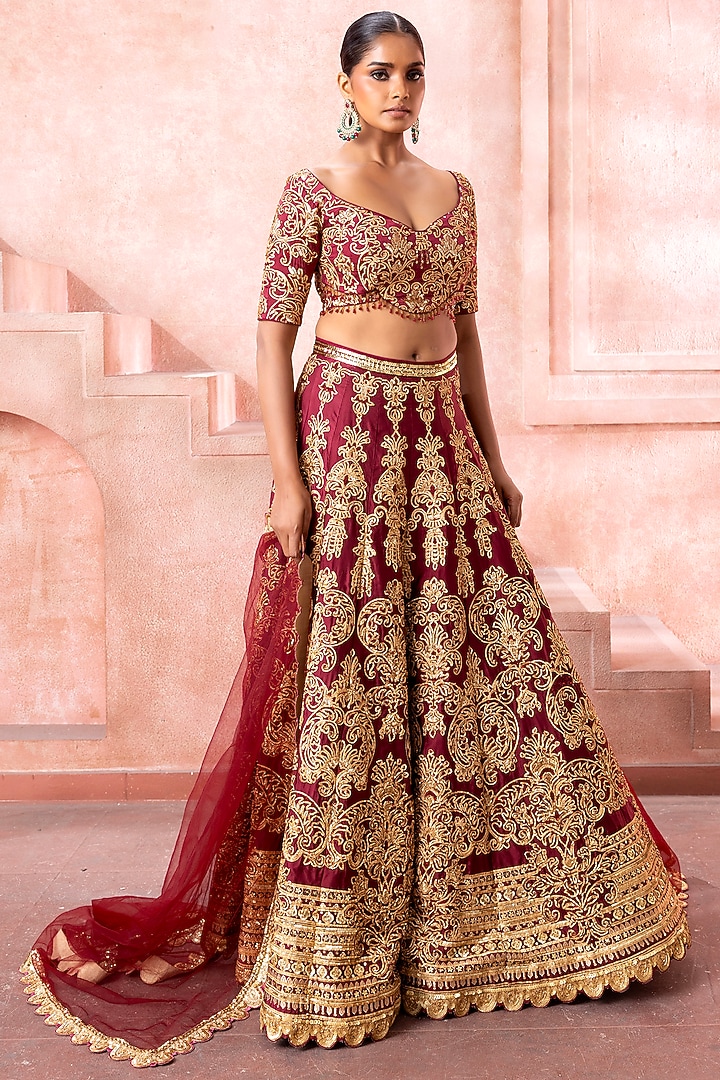 Regal Maroon Silk Zardosi Embroidered Bridal Lehenga Set by Neeta Lulla at Pernia's Pop Up Shop