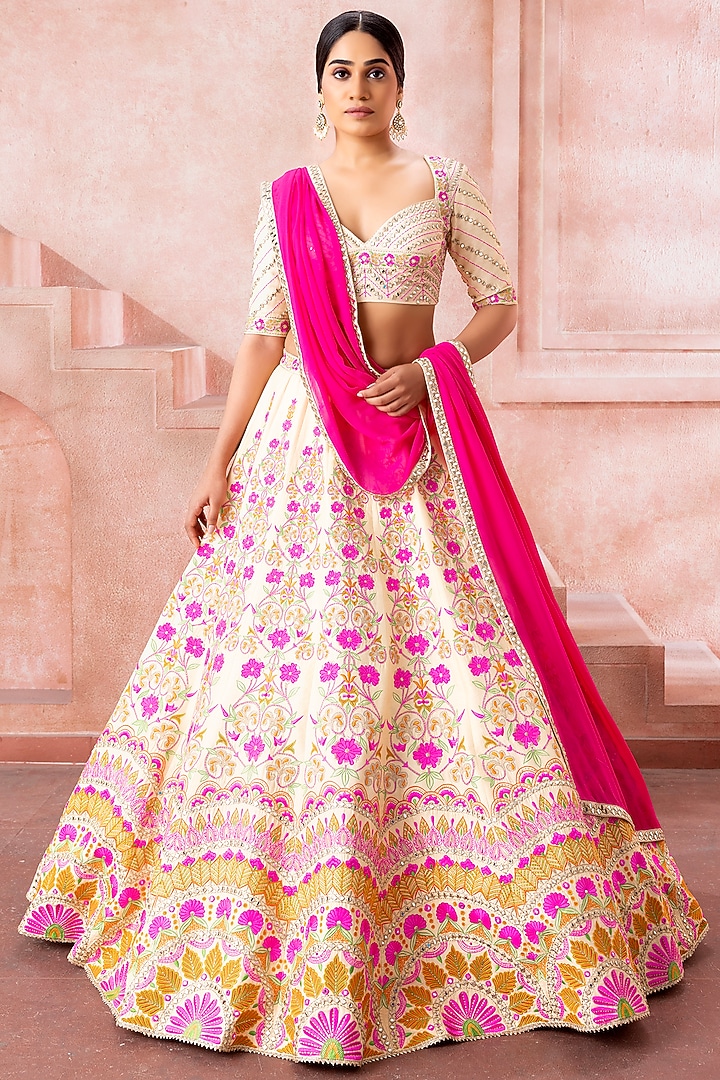 Ivory Raw Silk Mirror & Zari Embroidered Bridal Lehenga Set by Neeta Lulla at Pernia's Pop Up Shop