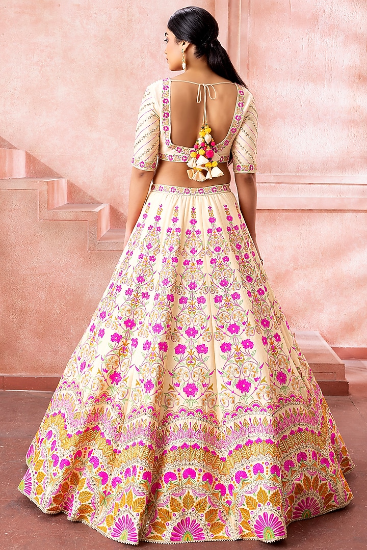 Ivory Raw Silk Mirror & Zari Embroidered Bridal Lehenga Set by Neeta Lulla at Pernia's Pop Up Shop