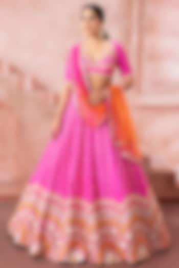 Hot Pink Raw Silk Mirror & Zari Embroidered Bridal Lehenga Set by Neeta Lulla at Pernia's Pop Up Shop