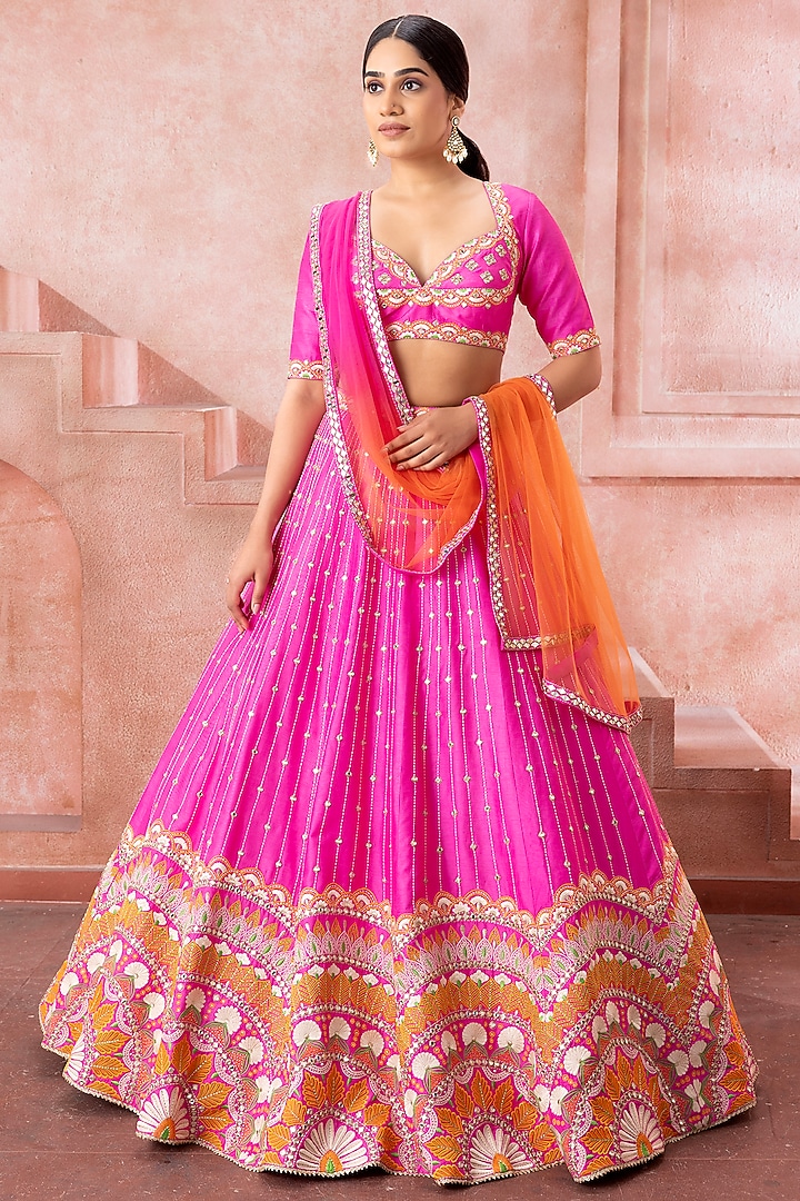 Hot Pink Raw Silk Mirror & Zari Embroidered Bridal Lehenga Set by Neeta Lulla at Pernia's Pop Up Shop