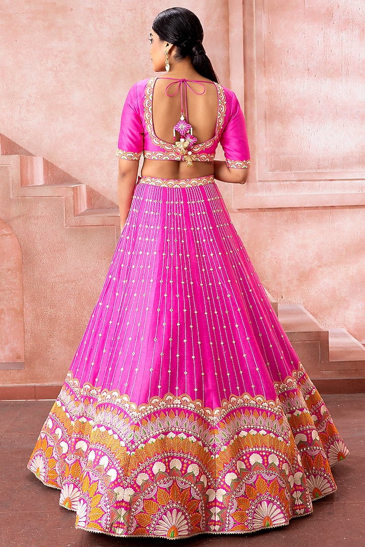 Hot Pink Raw Silk Mirror & Zari Embroidered Bridal Lehenga Set by Neeta Lulla at Pernia's Pop Up Shop