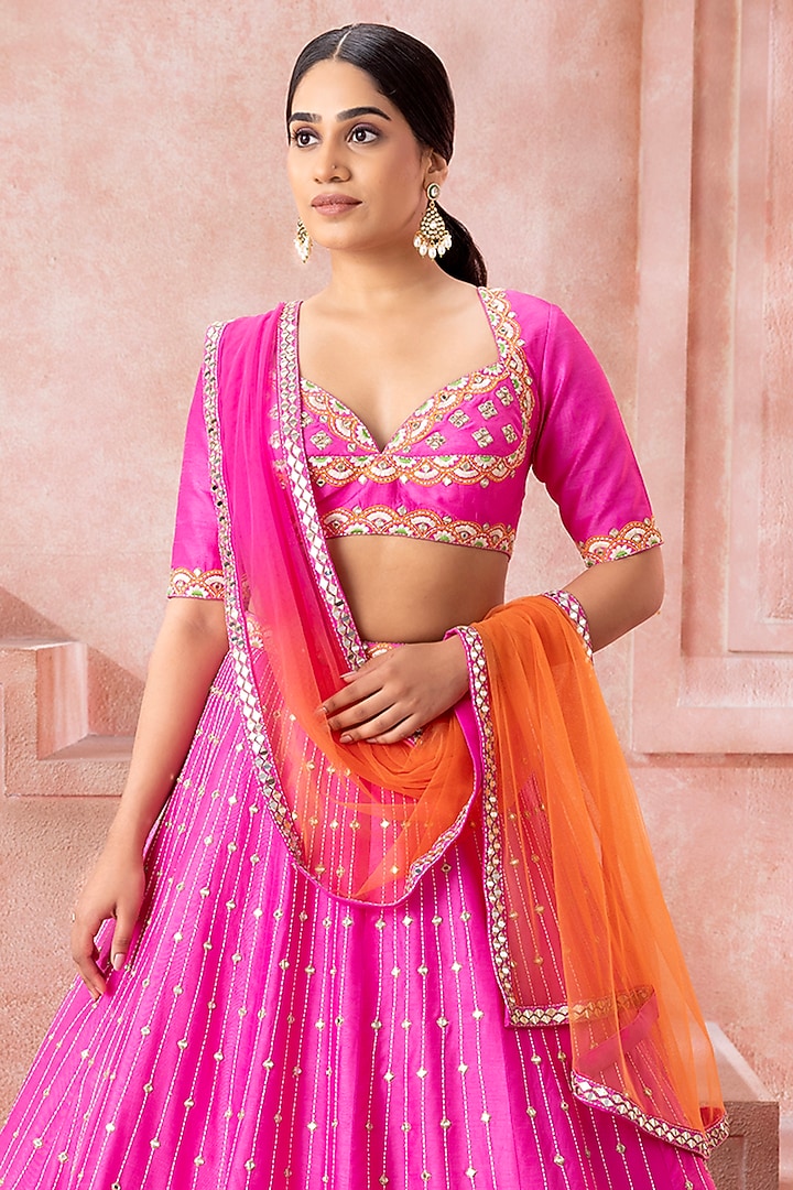 Hot Pink Raw Silk Mirror & Zari Embroidered Bridal Lehenga Set by Neeta Lulla at Pernia's Pop Up Shop