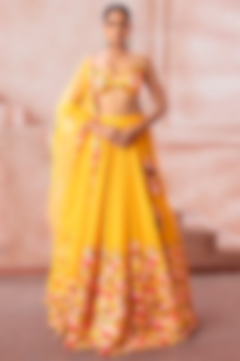 Amber Yellow Swiss Cotton Floral Motif Embroidered Bridal Lehenga Set by Neeta Lulla at Pernia's Pop Up Shop