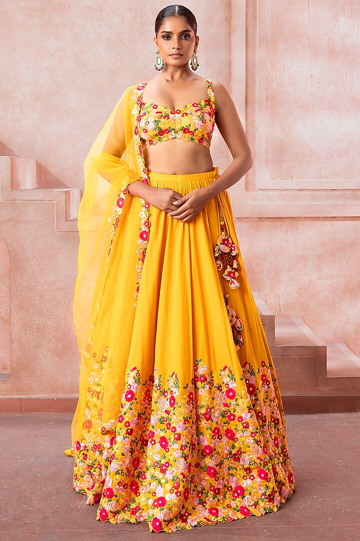Amber Yellow Swiss Cotton Floral Motif Embroidered Bridal Lehenga Set by Neeta Lulla at Pernia's Pop Up Shop