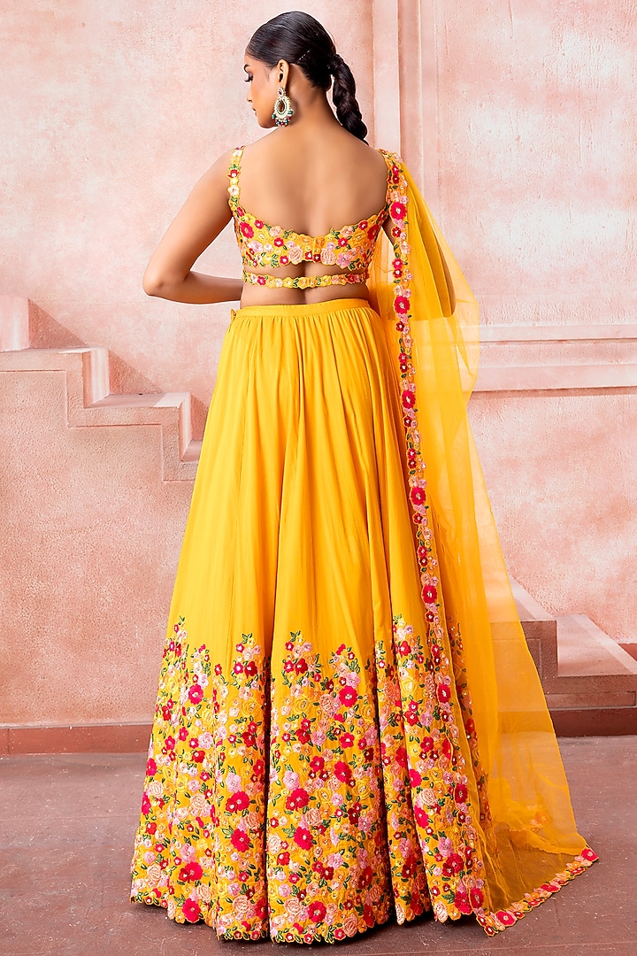 Amber Yellow Swiss Cotton Floral Motif Embroidered Bridal Lehenga Set by Neeta Lulla at Pernia's Pop Up Shop