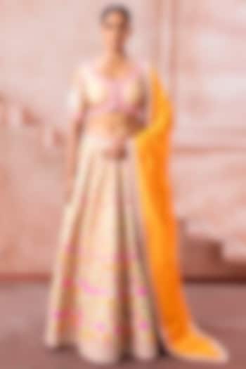 Soft Beige Raw Silk Floral Motif Embroidered Bridal Lehenga Set by Neeta Lulla at Pernia's Pop Up Shop