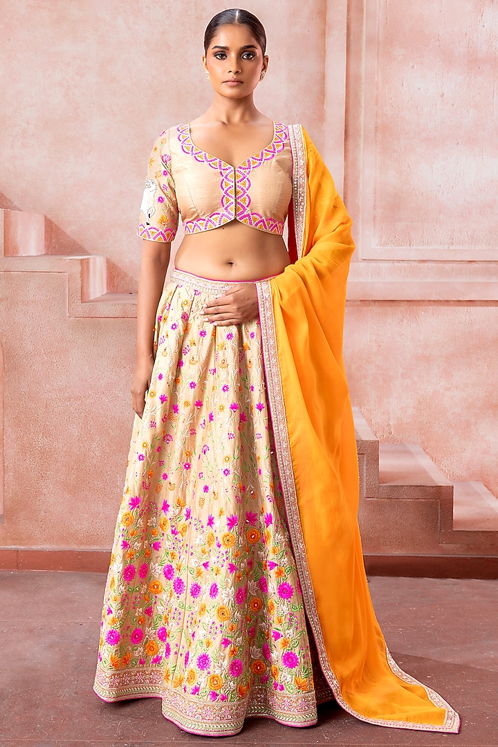 Soft Beige Raw Silk Floral Motif Embroidered Bridal Lehenga Set by Neeta Lulla at Pernia's Pop Up Shop