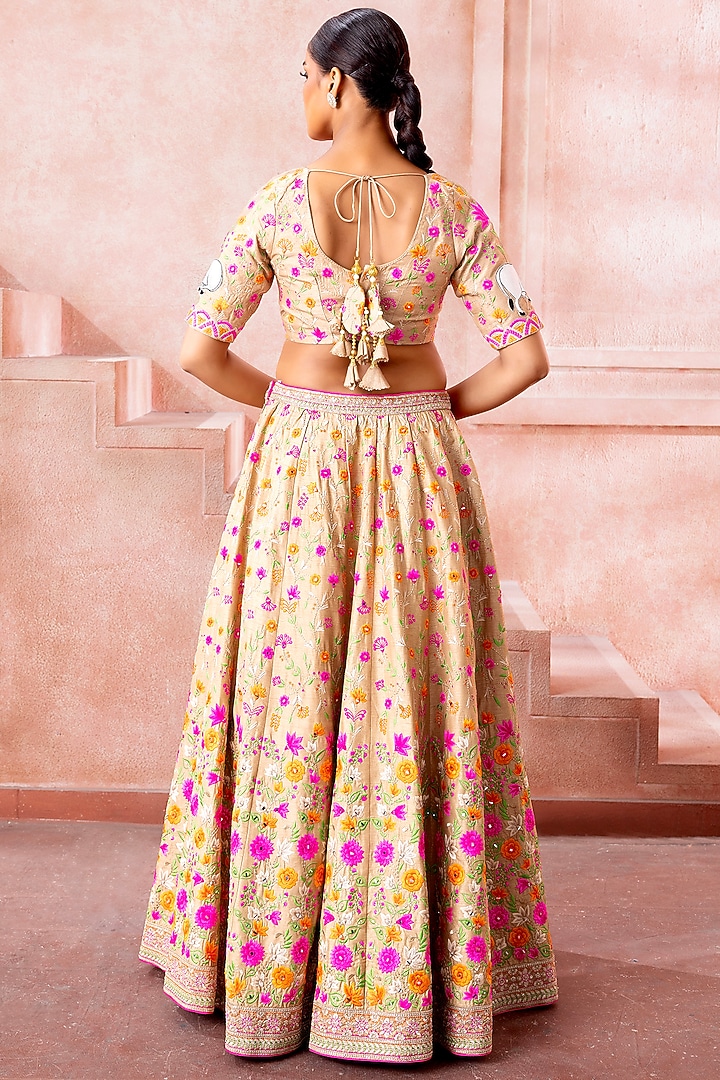 Soft Beige Raw Silk Floral Motif Embroidered Bridal Lehenga Set by Neeta Lulla at Pernia's Pop Up Shop