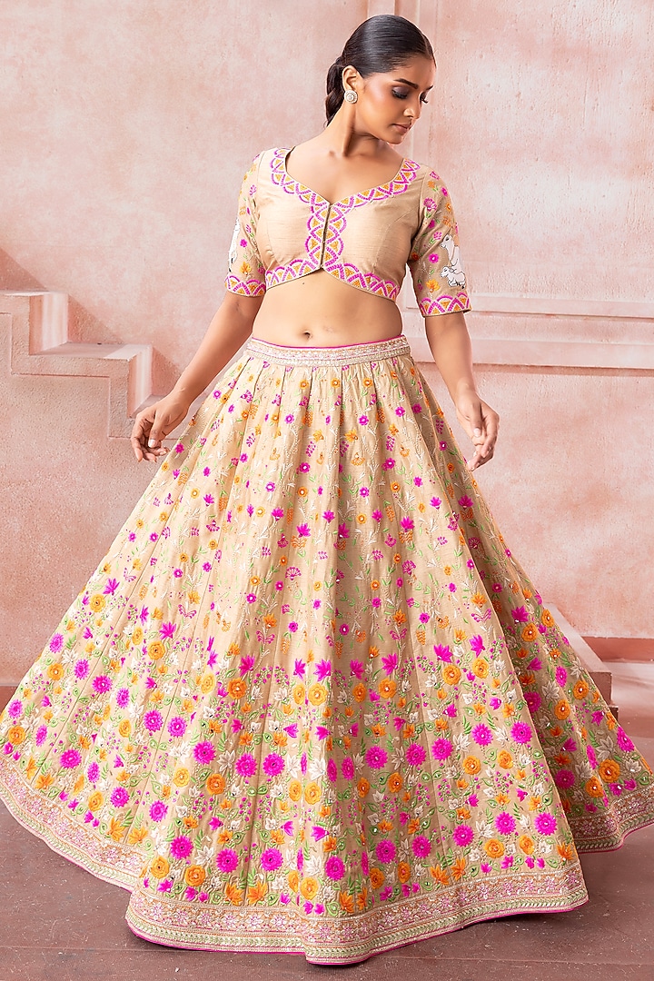 Soft Beige Raw Silk Floral Motif Embroidered Bridal Lehenga Set by Neeta Lulla at Pernia's Pop Up Shop
