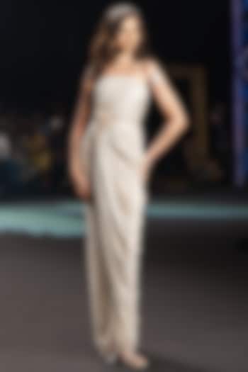 Pearl White Shimmer Stretch 3D Floral Embroidered Wedding Gown by Neeta Lulla at Pernia's Pop Up Shop