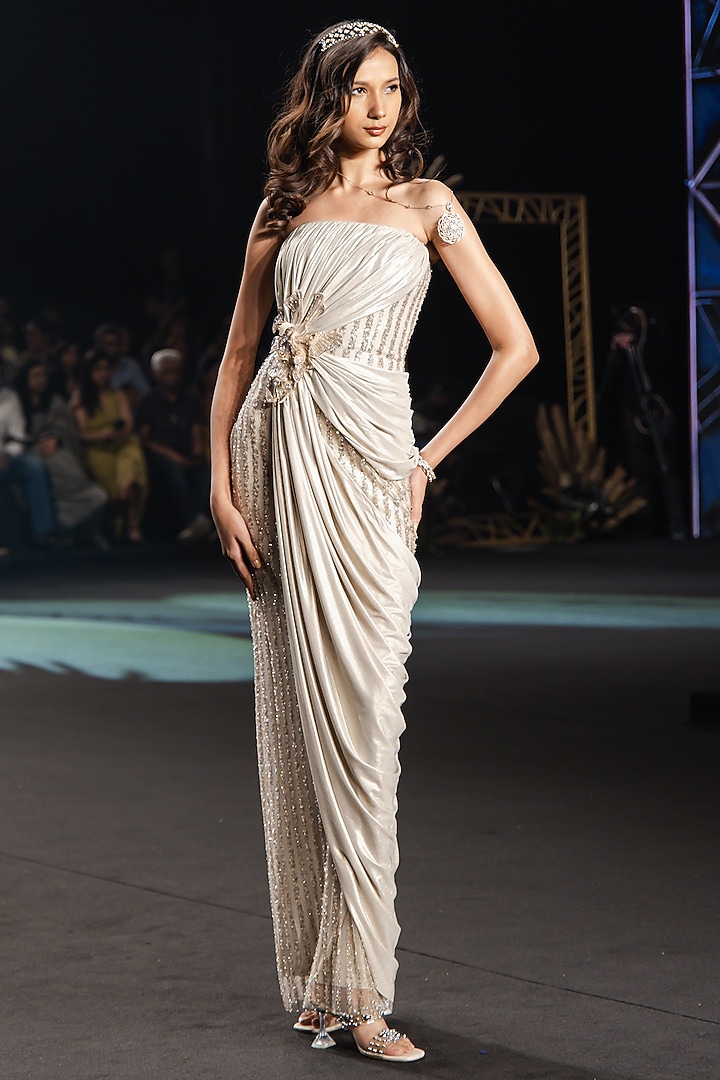 Pearl White Shimmer Stretch 3D Floral Embroidered Wedding Gown by Neeta Lulla at Pernia's Pop Up Shop