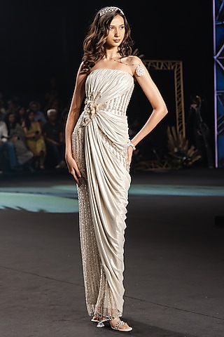 Pearl White Shimmer Stretch 3D Floral Embroidered Gown by Neeta Lulla