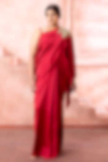 Scarlet Red Satin Sequins Embroidered Draped Wedding Gown Saree by Neeta Lulla at Pernia's Pop Up Shop