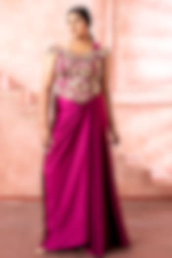 Deep Magenta Pink Satin Sequins Embroidered Draped Wedding Gown Saree by Neeta Lulla at Pernia's Pop Up Shop