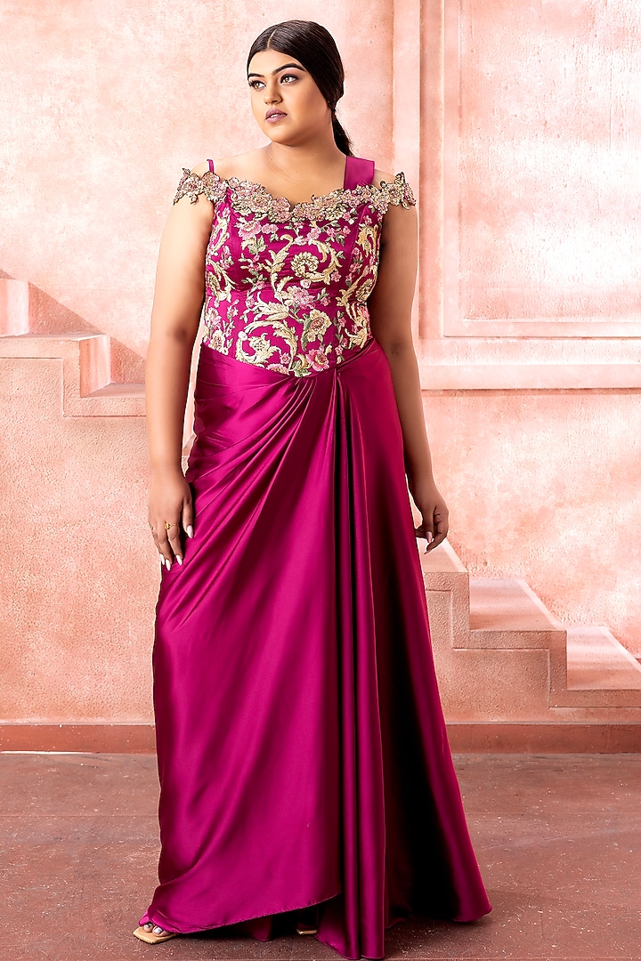 Deep Magenta Pink Satin Sequins Embroidered Draped Wedding Gown Saree by Neeta Lulla at Pernia's Pop Up Shop