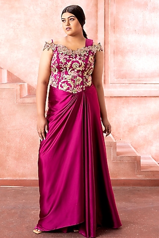 Deep Magenta Pink Satin Sequins Embroidered Draped Gown Saree by Neeta Lulla