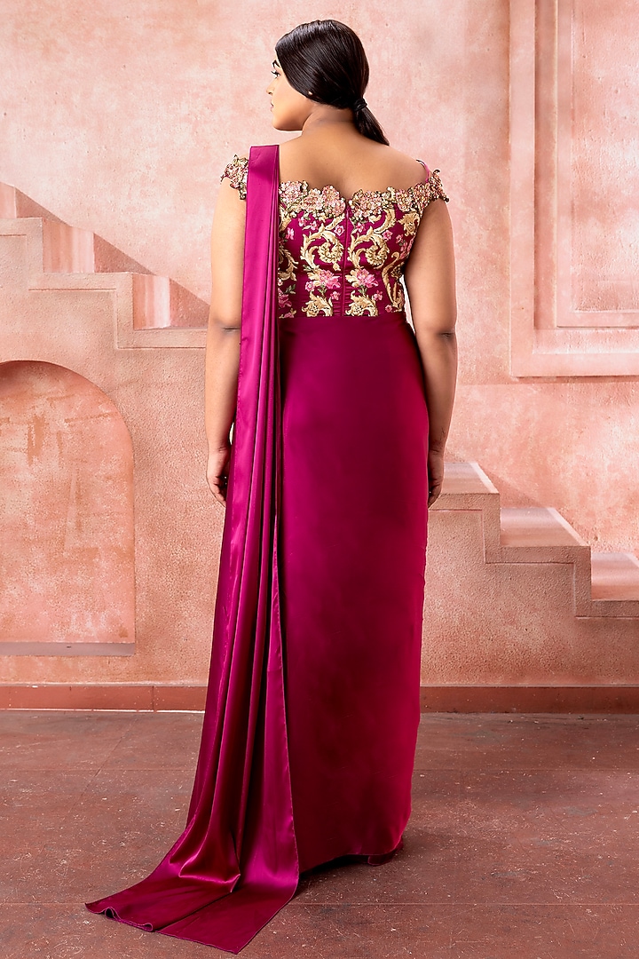 Deep Magenta Pink Satin Sequins Embroidered Draped Wedding Gown Saree by Neeta Lulla at Pernia's Pop Up Shop