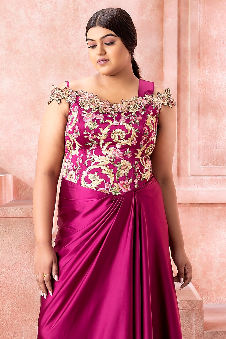 Deep Magenta Pink Satin Sequins Embroidered Draped Wedding Gown Saree by Neeta Lulla at Pernia's Pop Up Shop