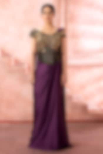 Royal Purple Satin Cutdana Embroidered Draped Wedding Gown Saree by Neeta Lulla at Pernia's Pop Up Shop