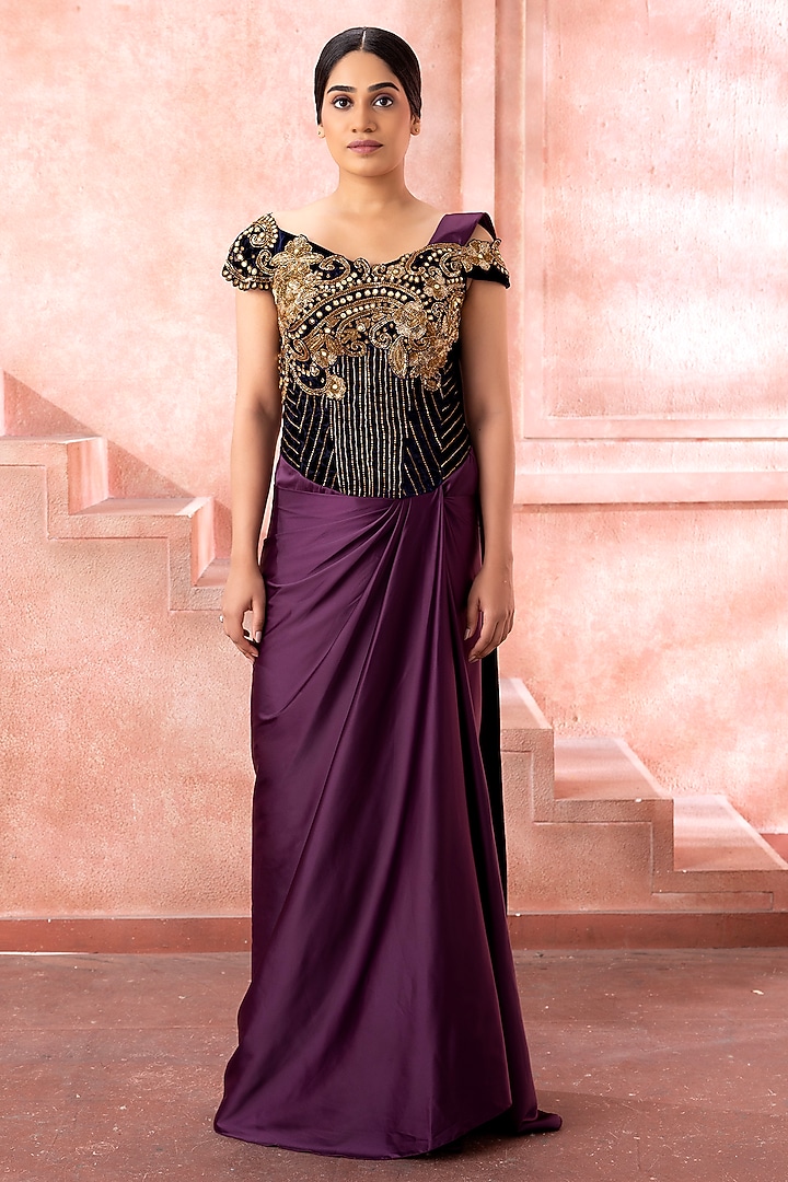 Royal Purple Satin Cutdana Embroidered Draped Wedding Gown Saree by Neeta Lulla at Pernia's Pop Up Shop