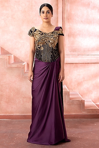 Royal Purple Satin Cutdana Embroidered Draped Gown Saree by Neeta Lulla