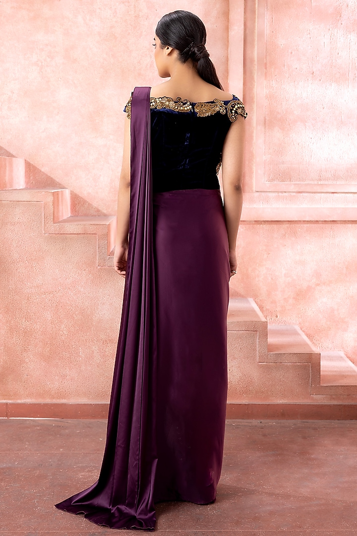 Royal Purple Satin Cutdana Embroidered Draped Wedding Gown Saree by Neeta Lulla at Pernia's Pop Up Shop