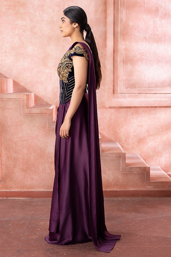 Royal Purple Satin Cutdana Embroidered Draped Wedding Gown Saree by Neeta Lulla at Pernia's Pop Up Shop