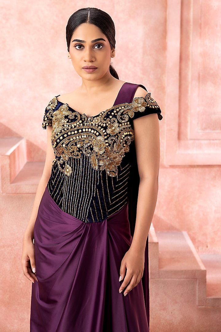 Royal Purple Satin Cutdana Embroidered Draped Wedding Gown Saree by Neeta Lulla at Pernia's Pop Up Shop