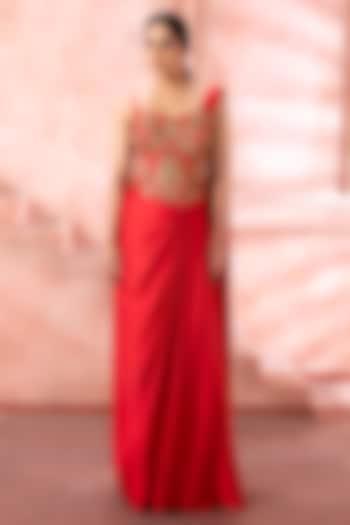 Imperial Red Satin Sequins Embroidered Draped Wedding Gown Saree by Neeta Lulla at Pernia's Pop Up Shop