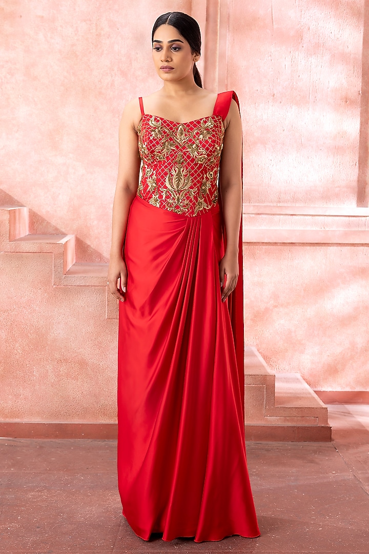 Imperial Red Satin Sequins Embroidered Draped Wedding Gown Saree by Neeta Lulla at Pernia's Pop Up Shop
