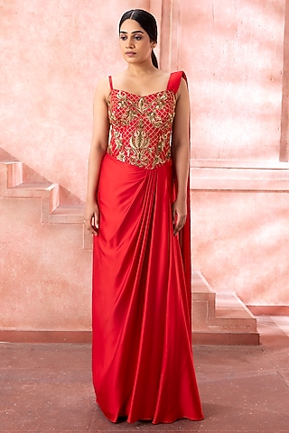 Imperial Red Satin Sequins Embroidered Draped Gown Saree by Neeta Lulla