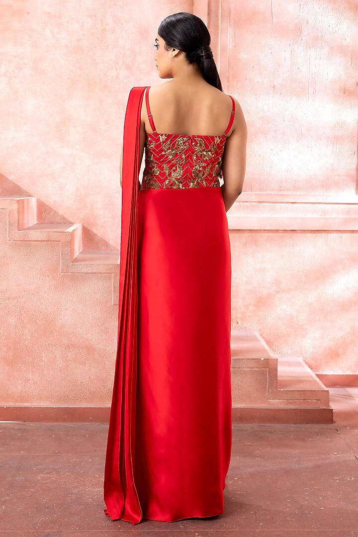 Imperial Red Satin Sequins Embroidered Draped Wedding Gown Saree by Neeta Lulla at Pernia's Pop Up Shop